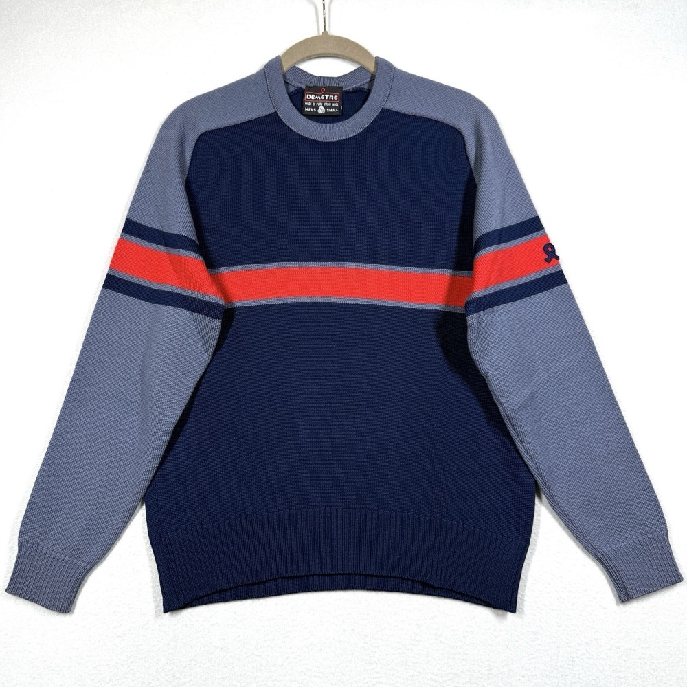 Vintage 70s DEMETRE Ski Sweater Men Small Chest Stripe 100% Pure Virgin Wool USA